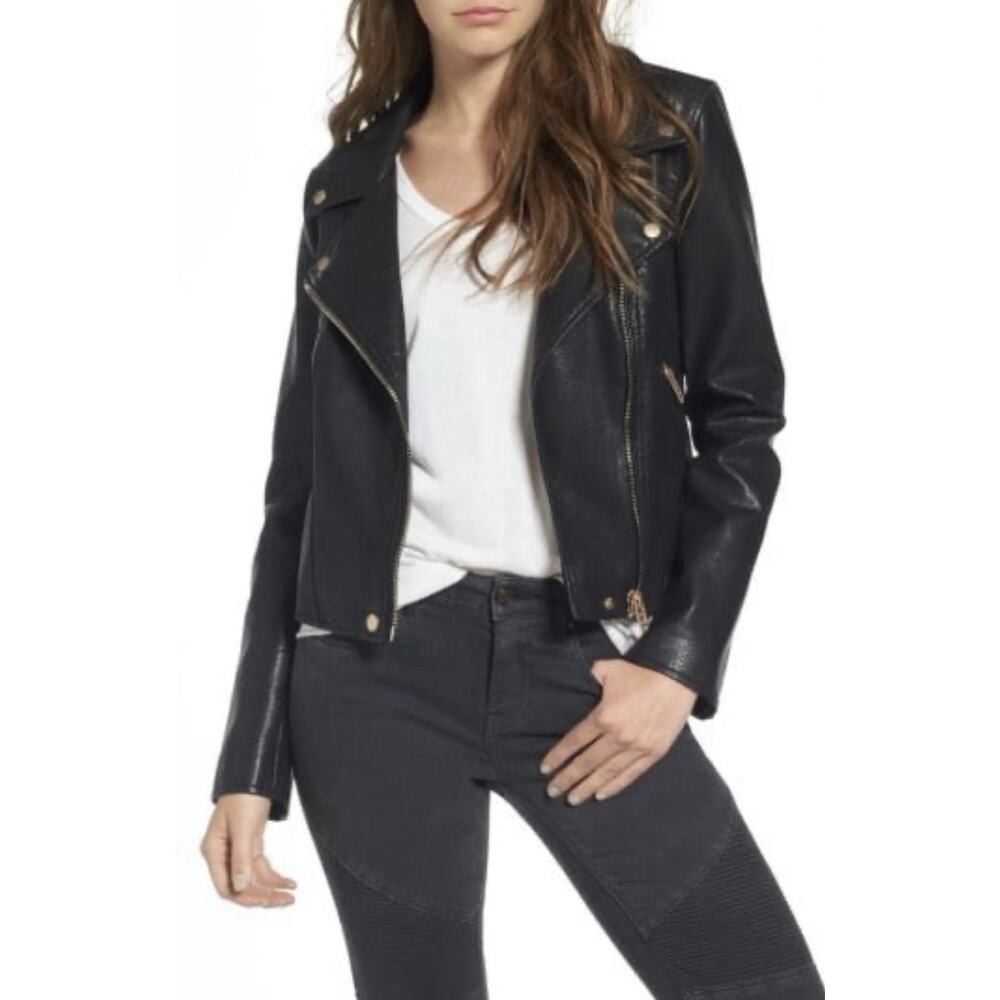 Blank NYC Black Faux Leather Life Changer Moto Jacket Removable Hood Sz L